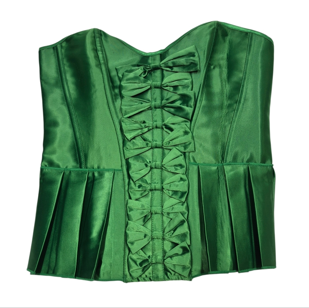 Corset Top Women's Medium Vibrant Green Satin Pleated Peplum Lace Up Back